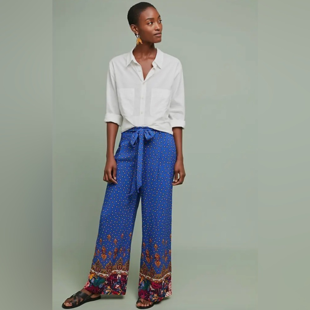 Anthropologie Ett Twa Blue Printed Wide Leg Tapestry Pants with Sash Belt Size 6